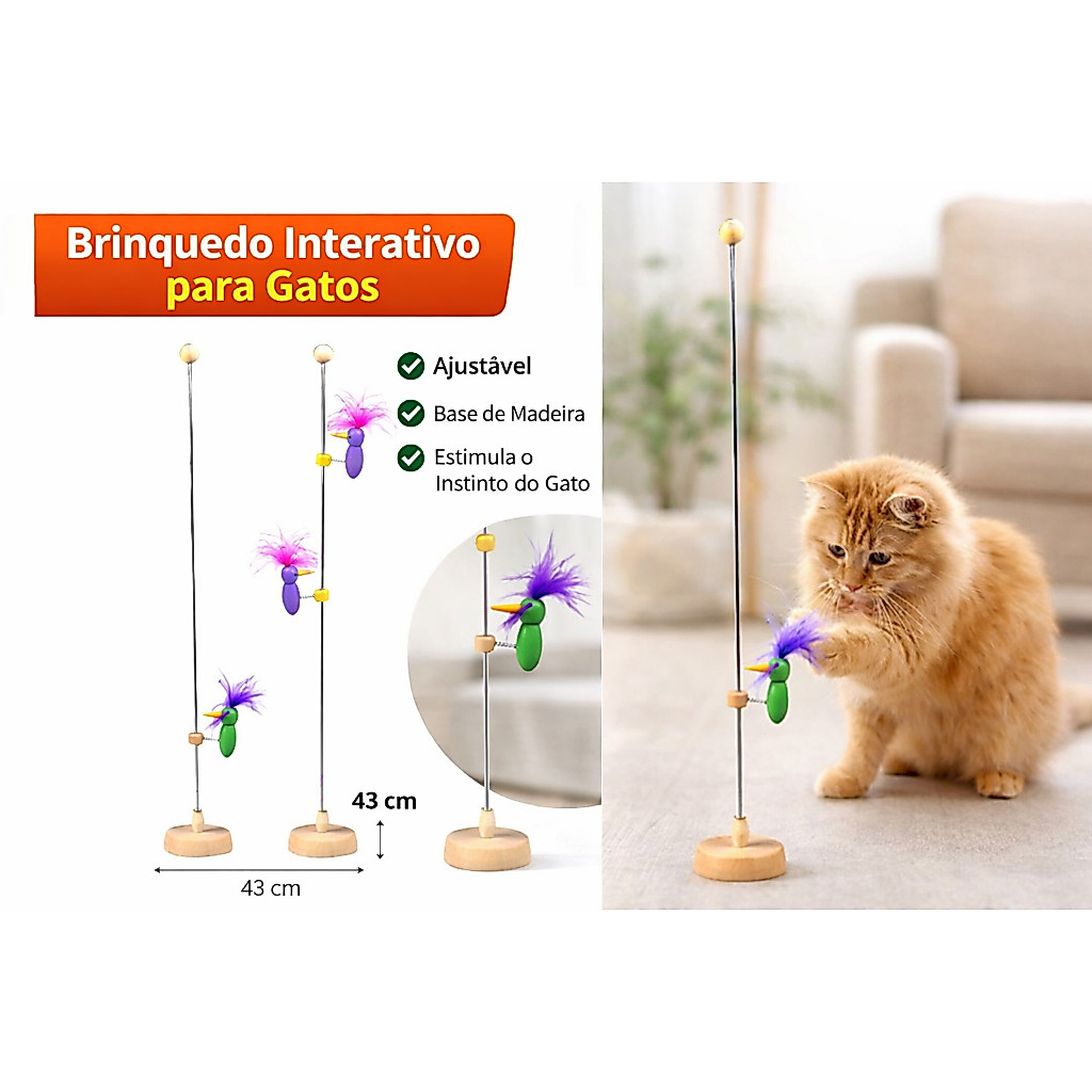 Brinquedo Interativo para Gatos com Pássaro de Pena, Haste Metálica e Base de Madeira - Estímulo, Caça e Diversão