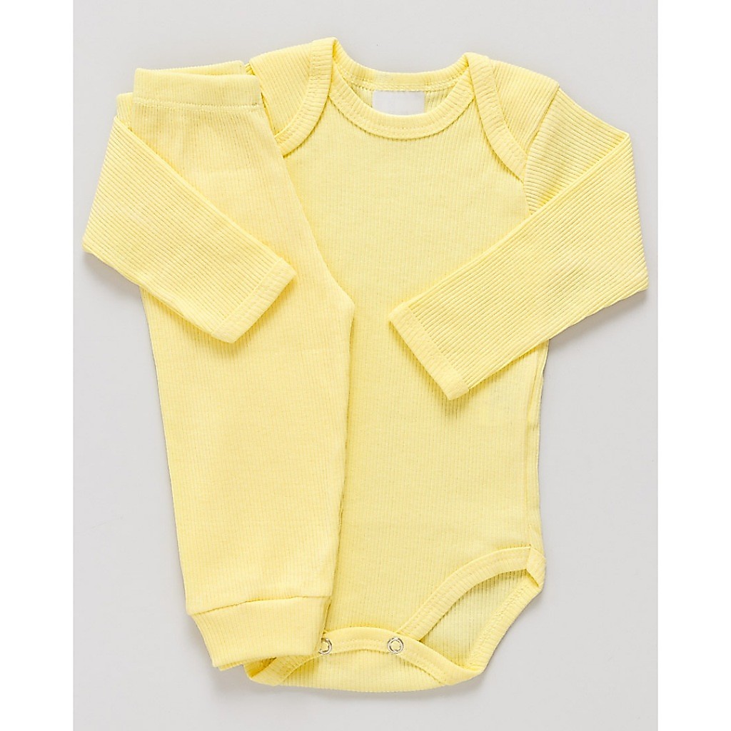 Conj Body e Calça Bebê Antialérgico Pagão Canelado Longo Amarelo 100% Algodão