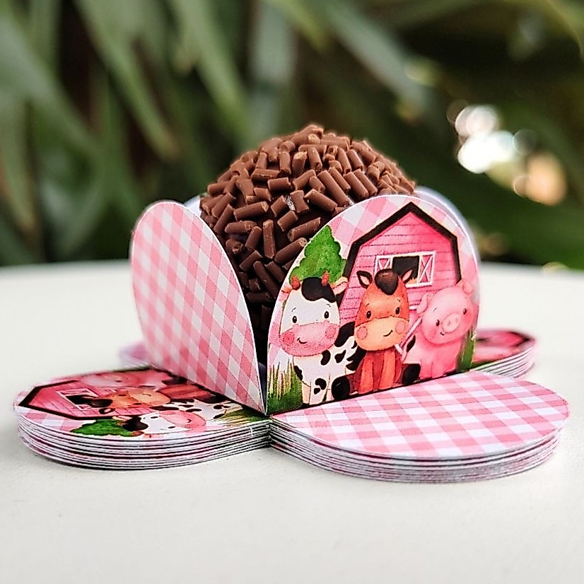 Forminha de Doce Fazendinha Rosa Brigadeiro, Beijinho 4 Pétalas Festa, Aniversário, Lembrancinha