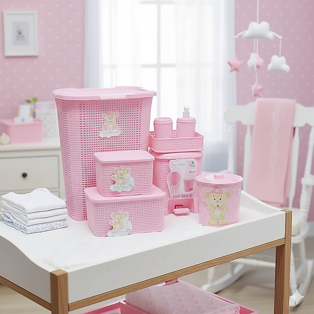 Kit Organizador Quarto Do Bebê Cesto Lixeira Caixa Menina 6 Componentes