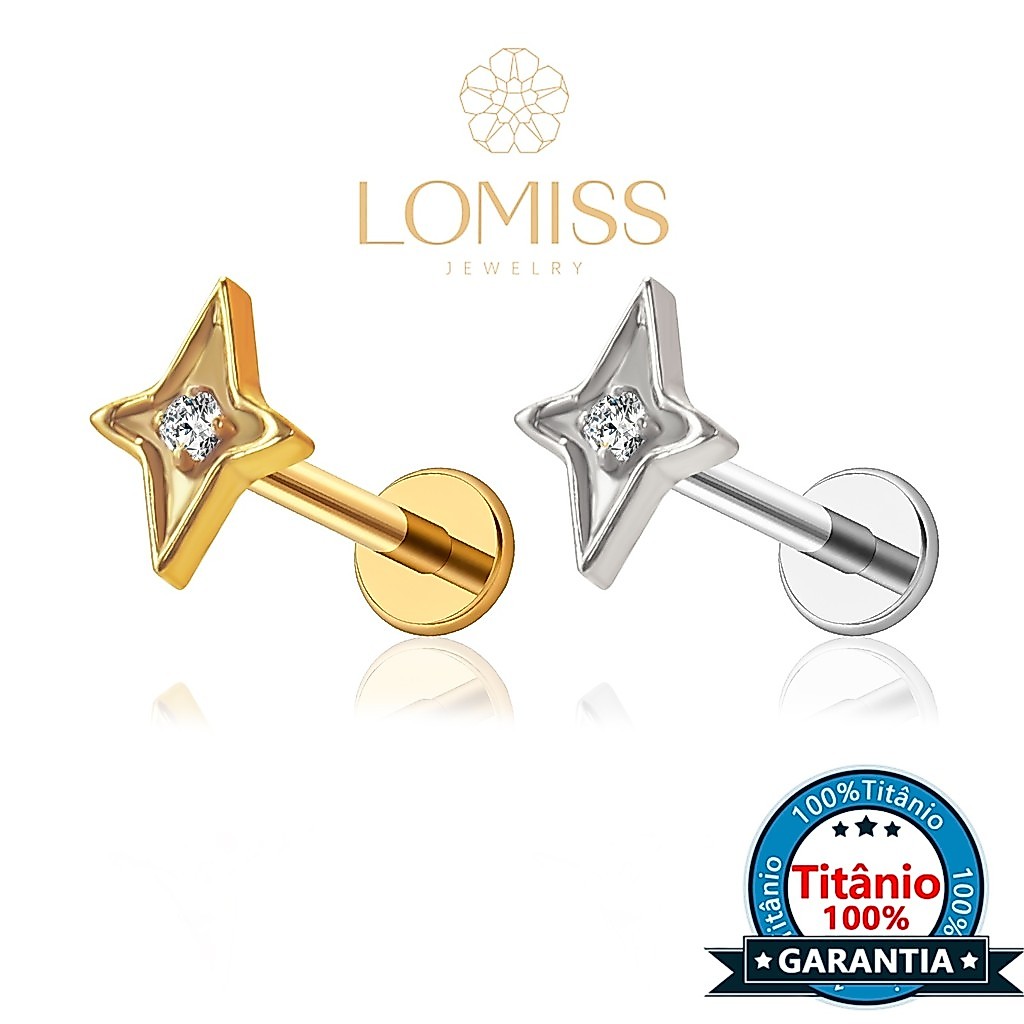 Piercing Helix Labret Tragus Conch Estrela Zircônia Titânio Flat Rosca Interna N