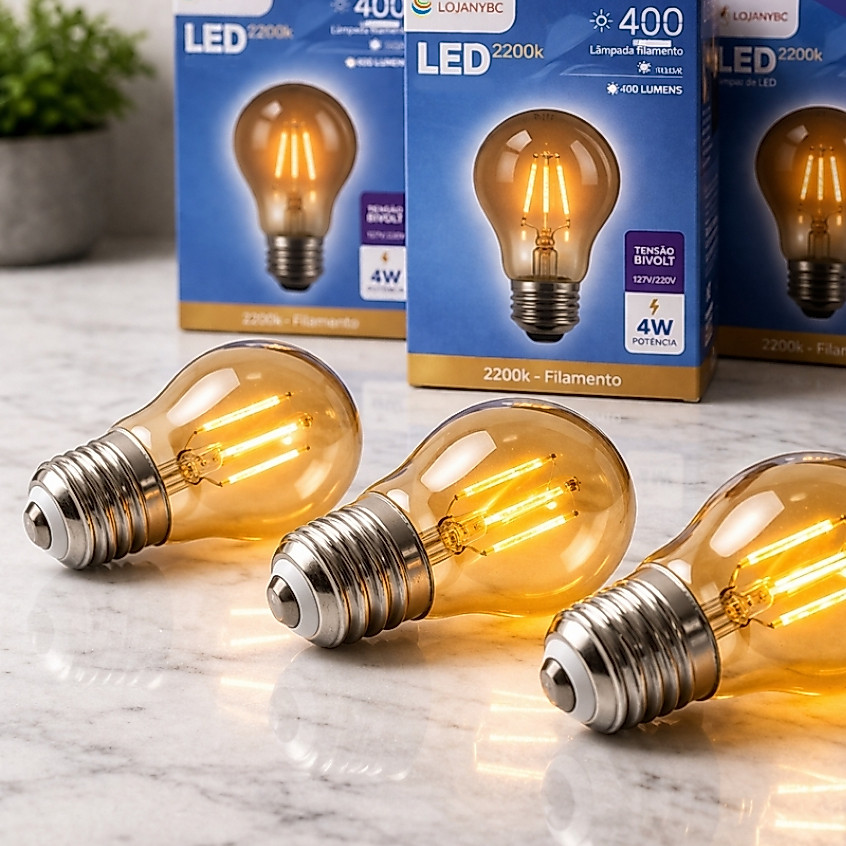 Lâmpada LED Filamento Vintage Luz Quente 2200K E27 Retrô 4W Bivolt A60 G45 ST64 G80 G95 - AERO