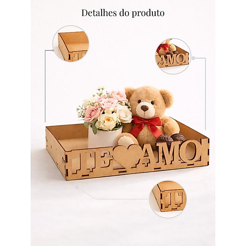 Bandeja MDF Te Amo Cesta Café da Manhã Presente Namorados Dia dos Namorados Casal Aniversário 30x25
