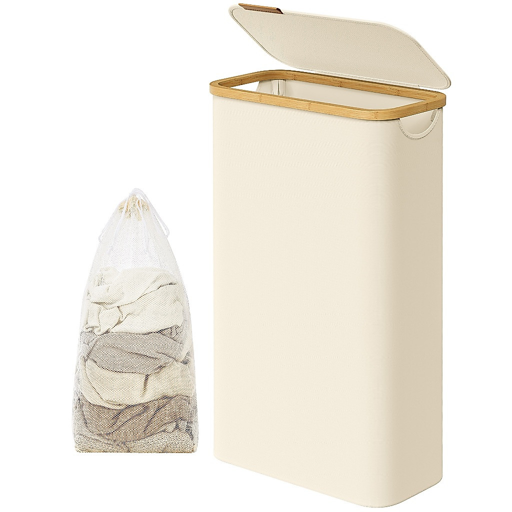 SONGMICS Cesto de roupa suja dobrável, organizador de lavanderia com tampa, alça de bambu, tecido Oxford, banheiro, 65L