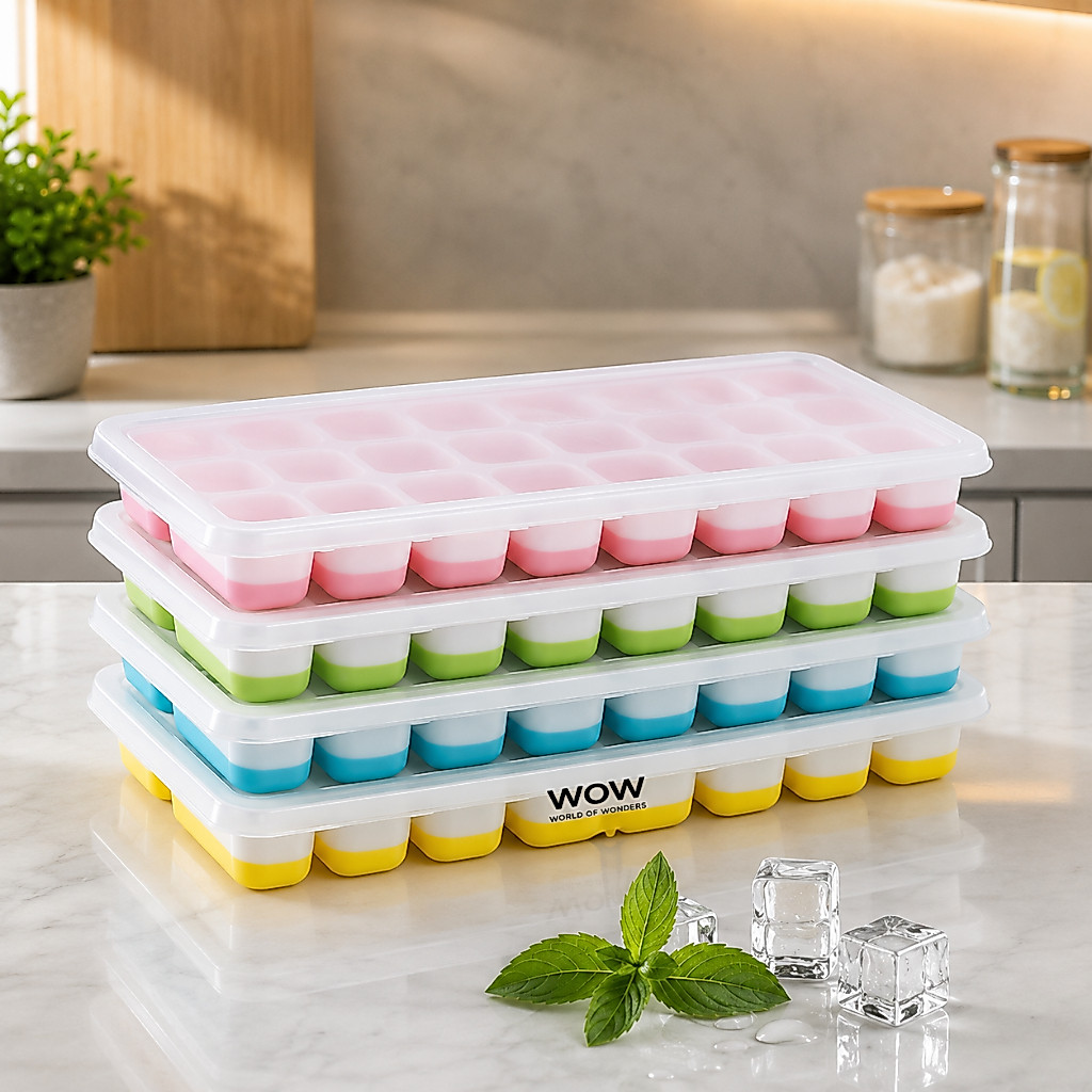 Kit 4 Forma De Gelo Fundo Silicone 14 Cubos Tampa Rígida