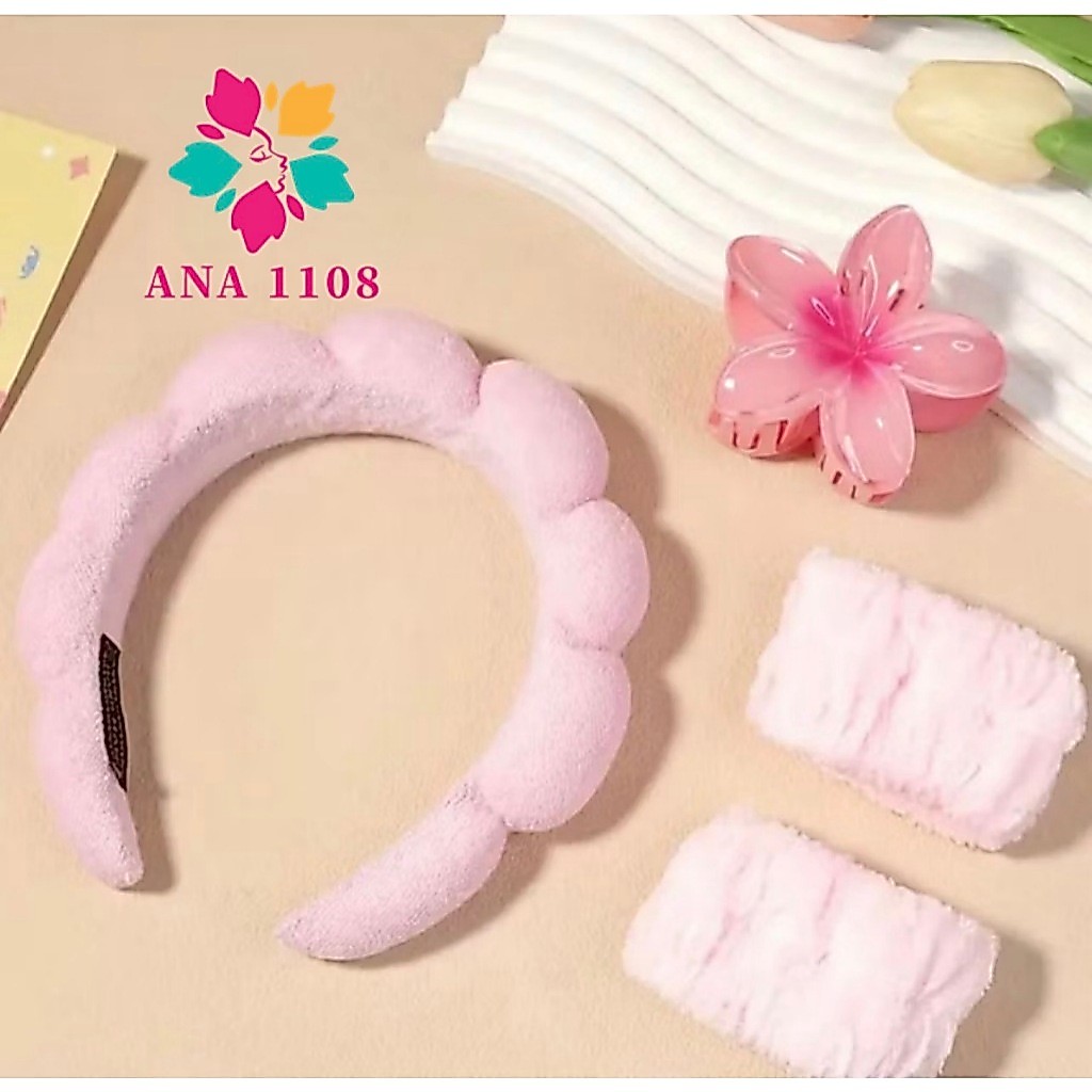ANA 1108 Acessórios de Skincare Spa Feminino-(1 conjunto contém 4) Presilha de Flor Tiara Nuvem Faixa de Pulso · foto 2