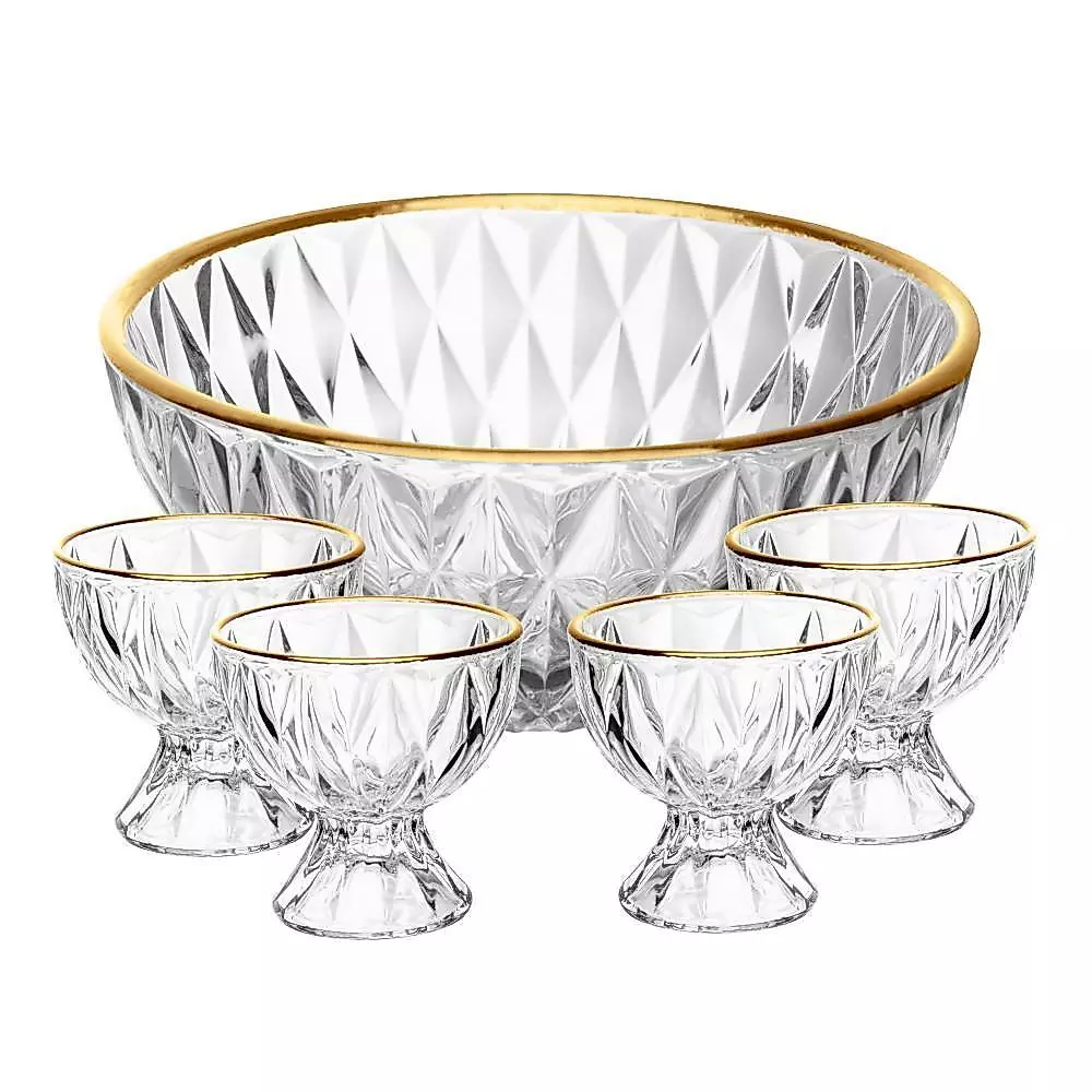 Conjunto 1 Bowl 1L e 4 Taças 120ml Diamond Lyor Cristal com Fio de Ouro para Sobremesas Doces Frutas Mousse Pavê 5 Peças — imagem 1