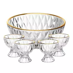 Conjunto 1 Bowl 1L e 4 Taças 120ml Diamond Lyor Cristal com Fio de Ouro para Sobremesas Doces Frutas Mousse Pavê 5 Peças