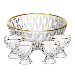 Conjunto 1 Bowl 1L e 4 Taças 120ml Diamond Lyor Cristal com Fio de Ouro para Sobremesas Doces Frutas Mousse Pavê 5 Peças