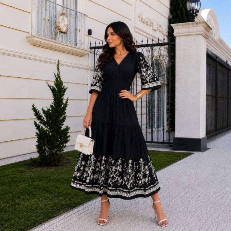 Vestido feminino midi luxo elegante decote v manga flare primavera verão Natal e ano novo