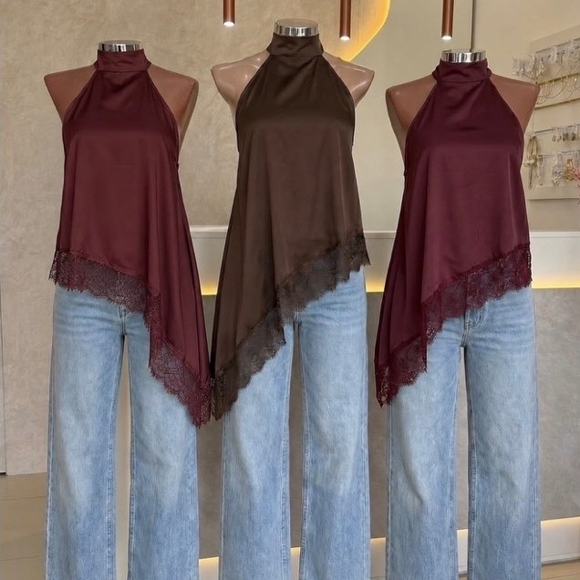 Blusa Feminina Gola Alta Assimétrica Frente Única Com Renda Bata sofisticada Elegante Tendência Inverno