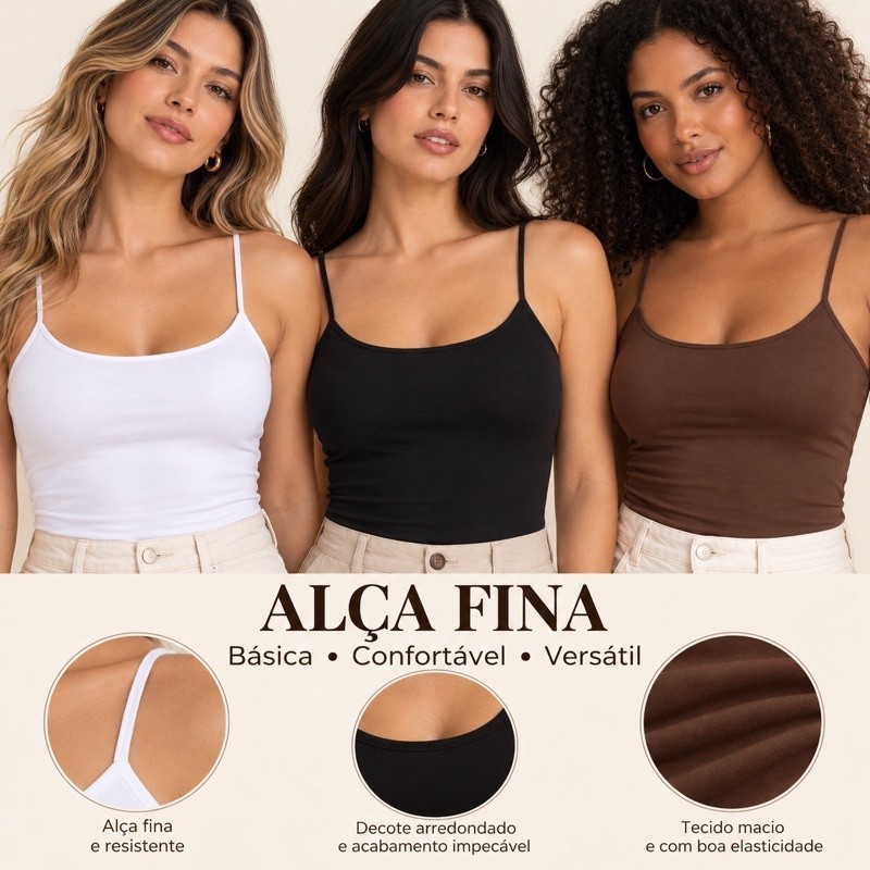 Kit 3 Regatas Femininas Alça Fina Básica Segunda Pele – Branca Preta e Marrom