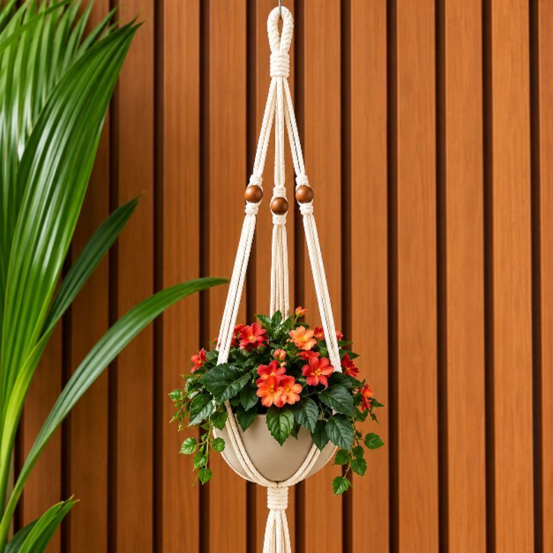 Suporte para Planta em Macramê Feito à Mão 80 cm– Decoração Boho para Vasos com 6 bolinhas demadeira