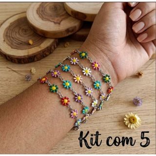KIT 5 Pulseiras Florzinha Colorida AÇO INOX