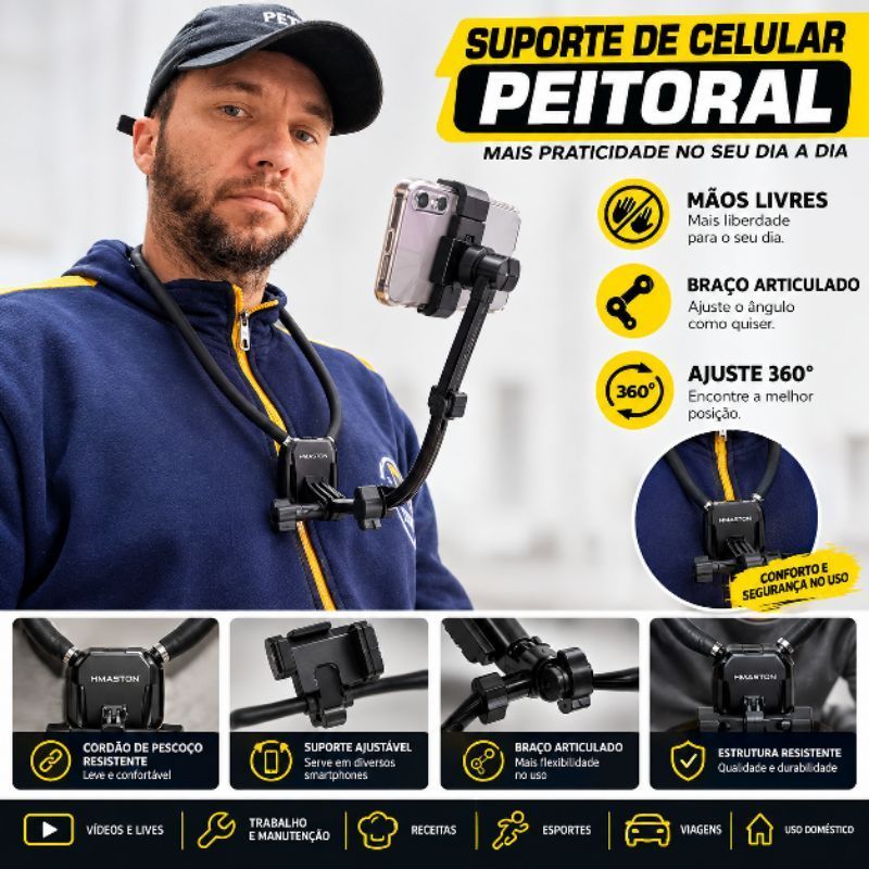 Suporte Celular Peitoral Cordão de Pescoço Ajustável Articulado 360°