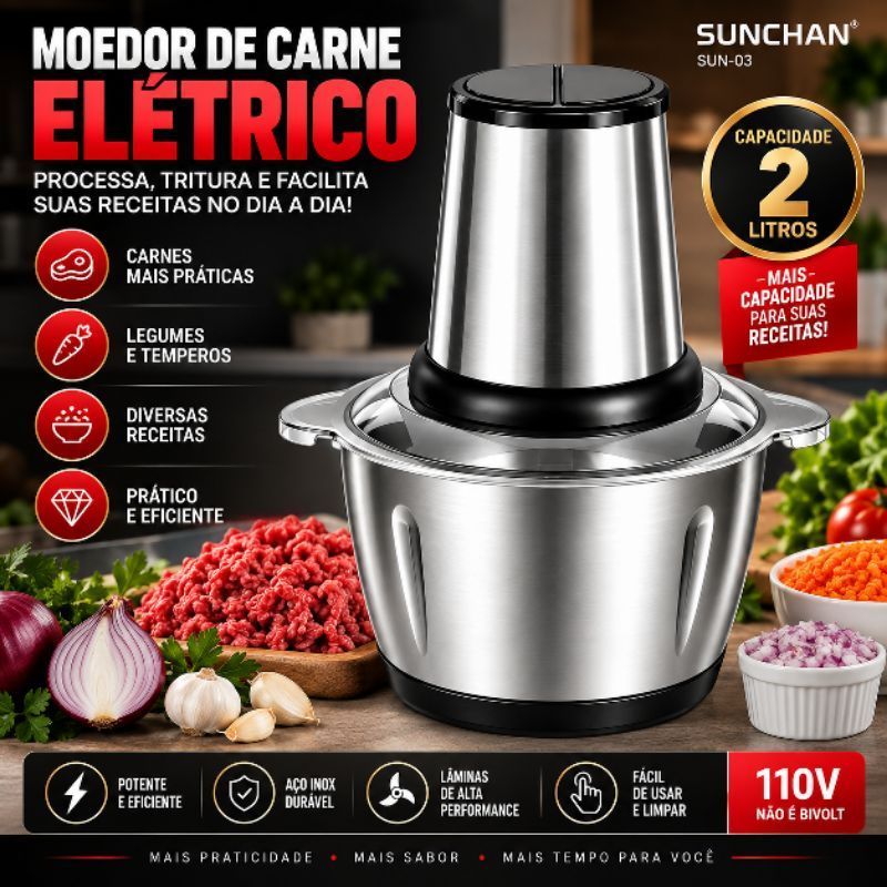 Moedor de Carne Elétrico 2L Inox 110V Processador Triturador de Alimentos Legumes e Temperos