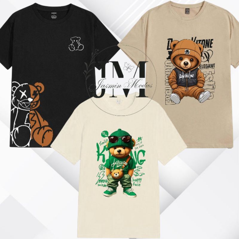 Kit 3 camisetas Infantil Masculina 100% Algodão Ursinho Estampado Confortável Casual Menino
