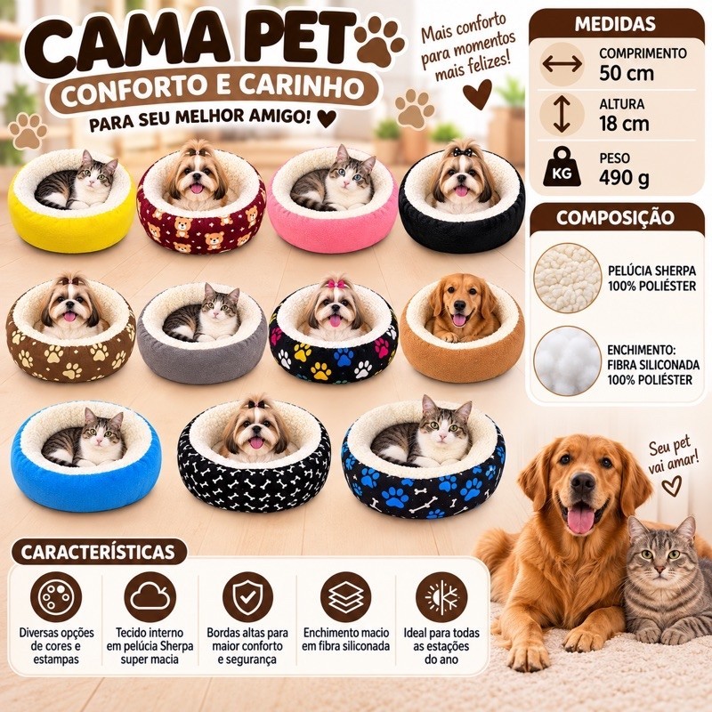 Cama Pet Cachorro e Gato 50cm Redonda Aconchegante com Pelúcia Sherpa 11 Variações de Cores e Estampas