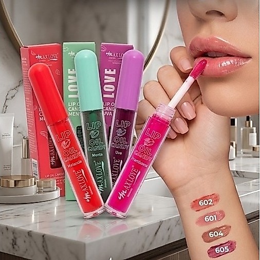 Lip Oil Candy Max Love 5ml Óleo Labial Gloss Hidratante Brilho Lábios Framboesa Menta Melancia Uva