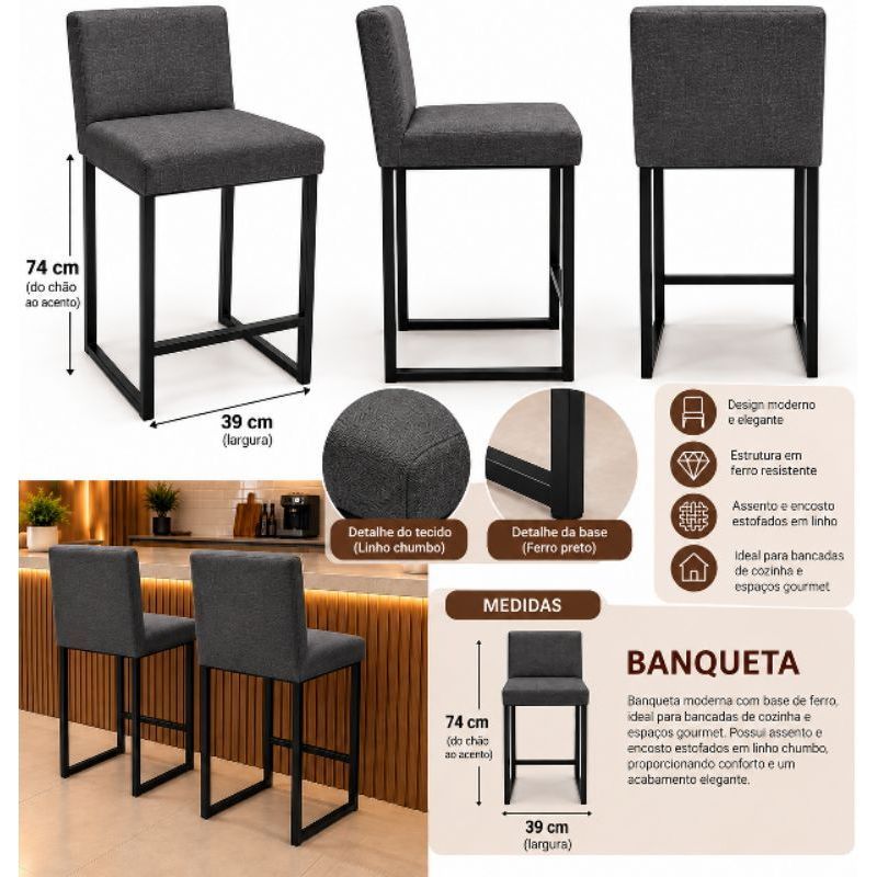 Banqueta alta estofada com encosto base de ferro