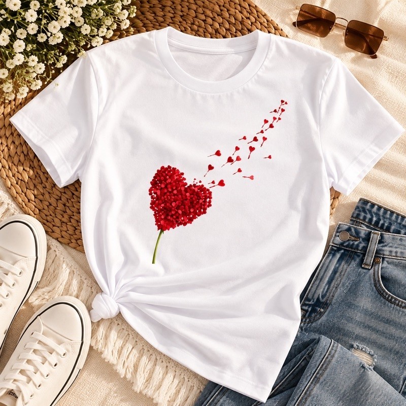 Blusa Feminina Estampada Corações 100% Algodão Premium Casual