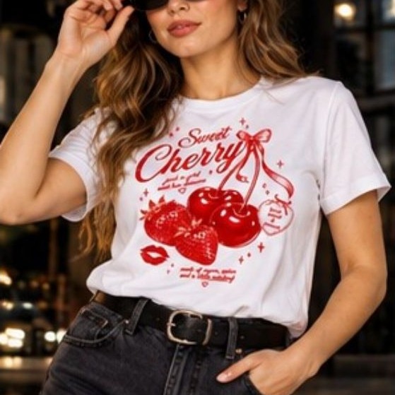 Camiseta Feminina Cereja Cherry Estampada T-Shirt 100% Algodão 30.1 Branca Gola Redonda Casual Moda Feminina
