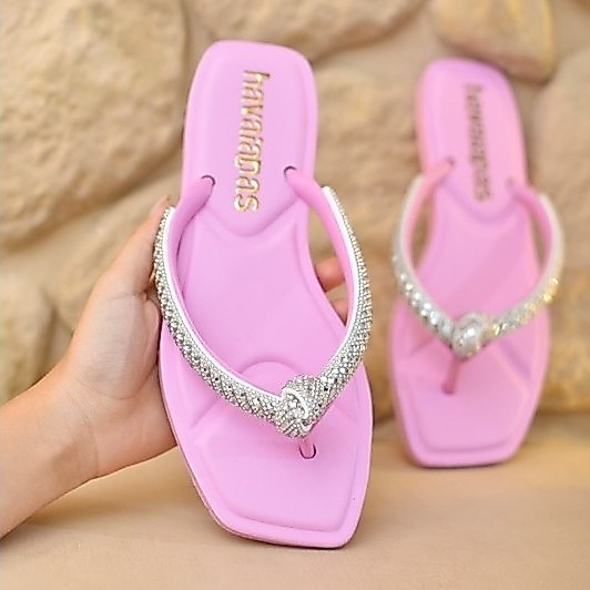 Sandalia Rasteira Strass Nó Lançamento Feminino Tendência Luxo Chinelo Confortável