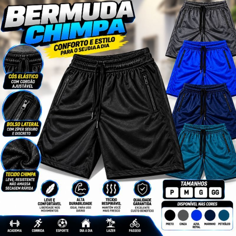 bermuda masculina para treinar bolsos com zíper casual confortável dia a dia