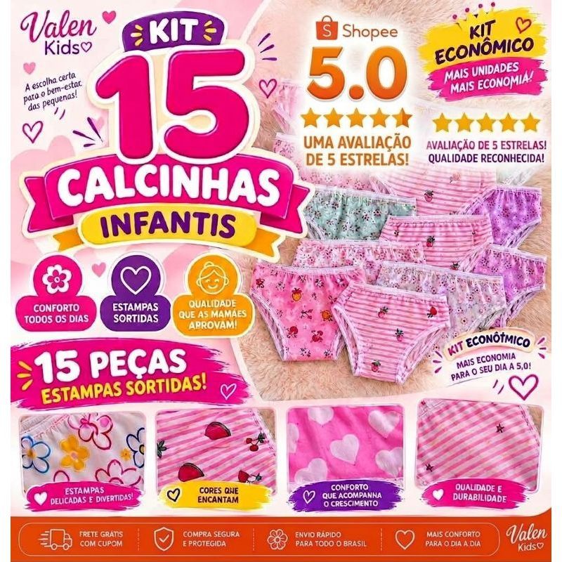 🌸 Kit 15 Calcinhas Infantis Menina P M G | Estampas Sortidas | Kit Econômico