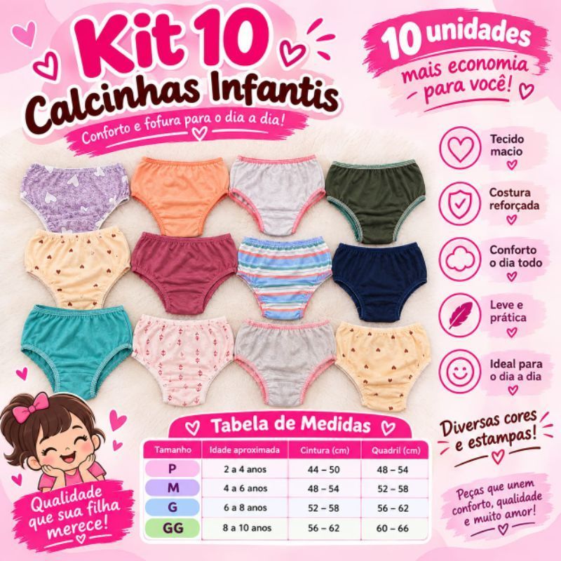 calcinha infantil feminina  verão bebê crianças  estampada  desfralde foro duplo no fundo confortáveis kit 10 peças