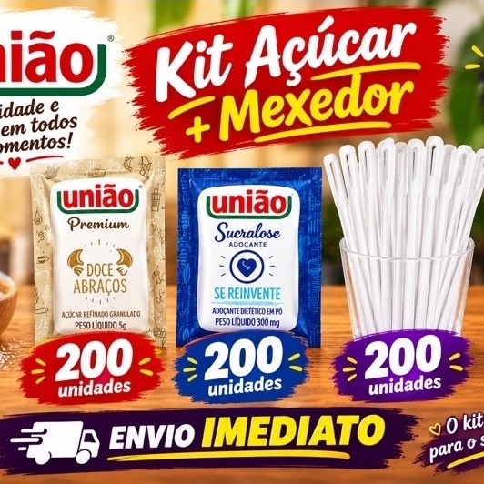 Açúcar Premium União Sache + Adoçante União Sucralose + Mexedor Cafe