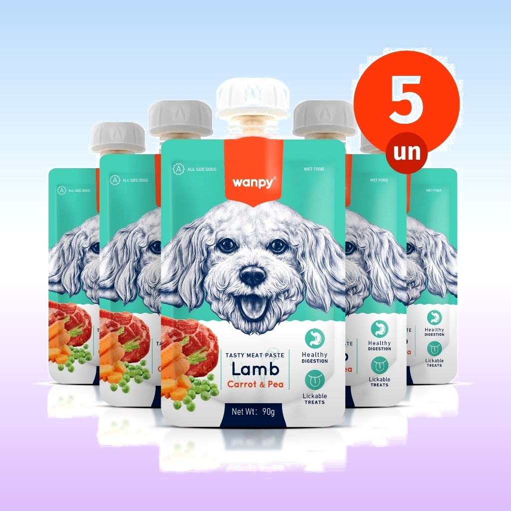 Kit 5 Petisco Truly Wanpy Creamy Sachê para Cães Cordeiro Cenoura e Ervilha 90 G