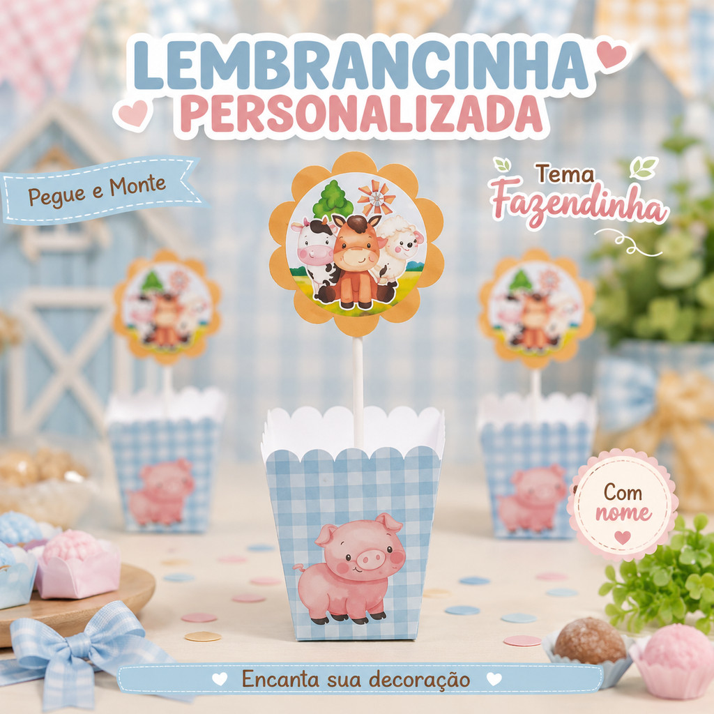 Centro de Mesa Cachepô Personalizado Fazendinha Azul Festa Infantil, Lembrancinha Criativa, PEGUE E MONTE