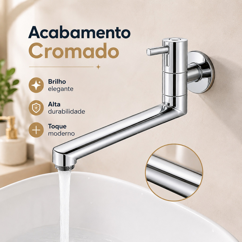 Torneira Longa de Cozinha Embutida na Parede Aço Inox 304 Rotação 25cm