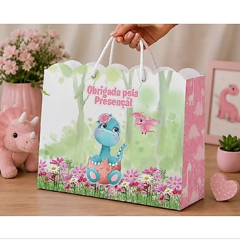 Sacolinha Personalizada Dinossauro Rosa Lembrancinha Festa Aniversário
