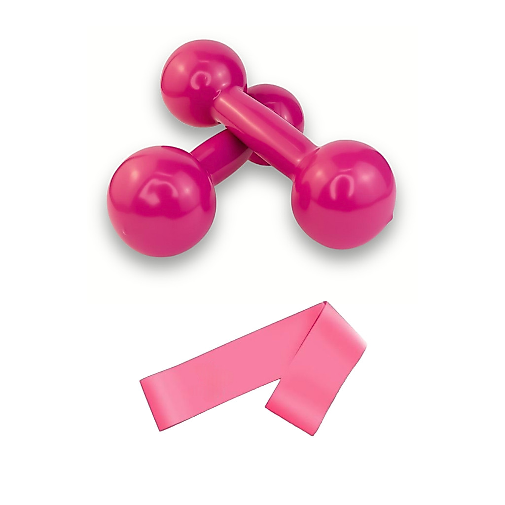 Par Halter Peso Emborrachado 1 Kg Rosa Academia Musculação Funcional + Elástico Treino