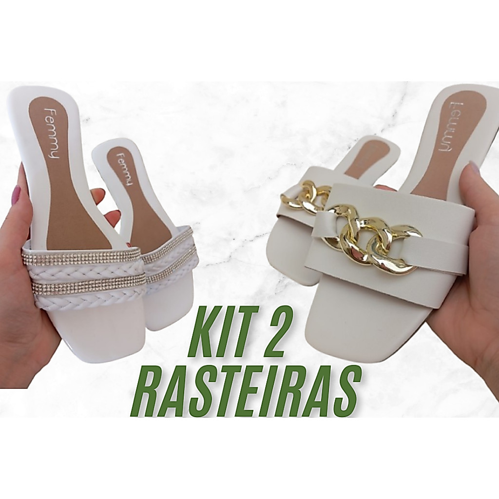 Kit com 2 rasteirinhas Brancas, com acessório e com strass e trança - Solado antiderrapante, Rasteira confortável