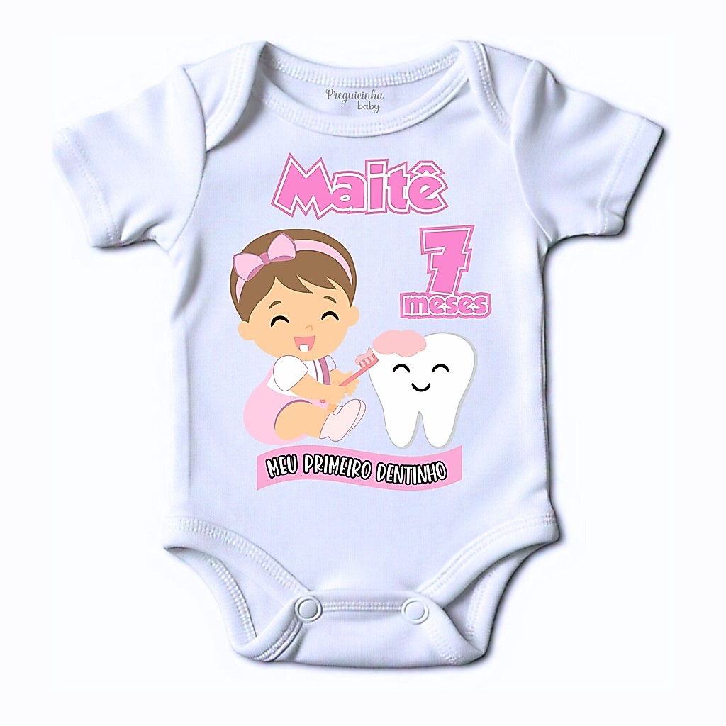 Body Bebê Personalizado Meu primeiro dentinho temático dente com nome e mês