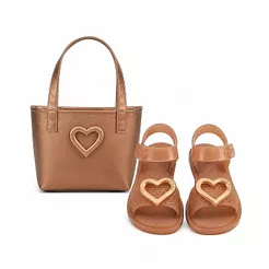 Kit Sandália + Bolsa Infantil Luiza Liz Dourada Coração Luxo