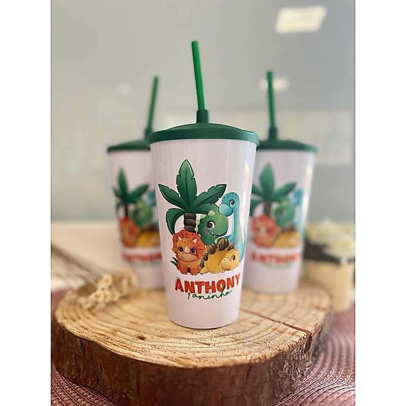 Copo Twister Personalizado 475ml com Tampa e Canudo – Lembrancinha de Aniversário Infantil - Dinossauro Baby