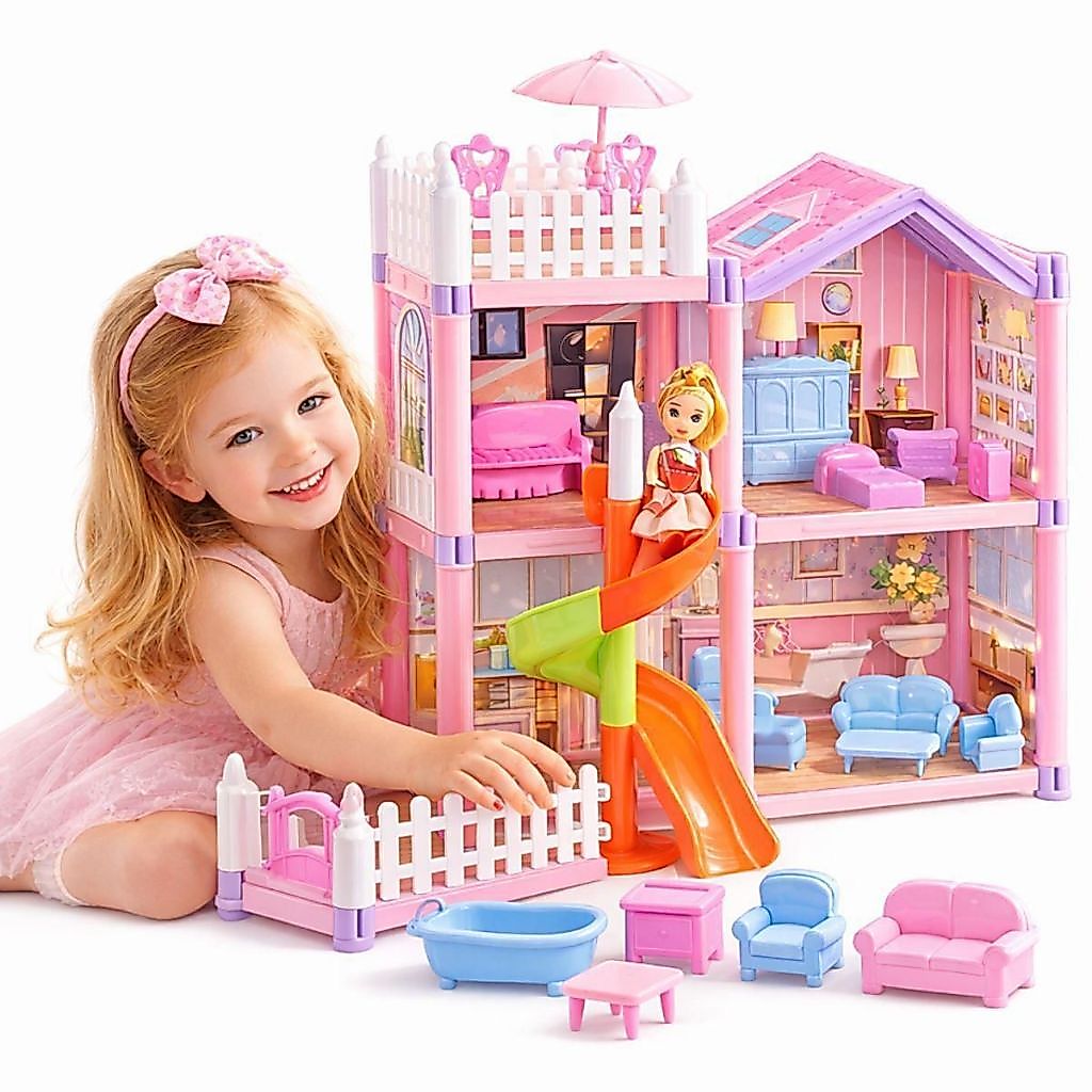 Casinha de Boneca Casa Com 120 Peças Escorregador Brinquedo Menina