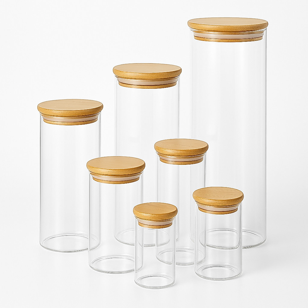Kit 3 potes de vidro hermético com tampa de bambu porta mantimento alimentos cereais feijão tempero