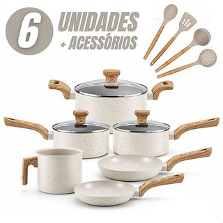 Jogo de Panelas 6 Peças Antiaderentes com Tampa de Vidro Temperada com 4 Utensílios de Co…