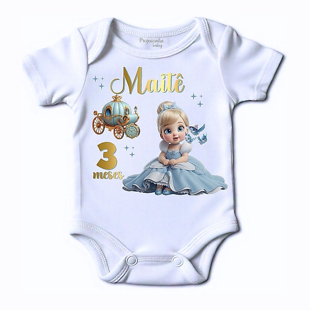 Body bebê Cinderela personalizado com Nome e Mês Tema Princesa Cinderela