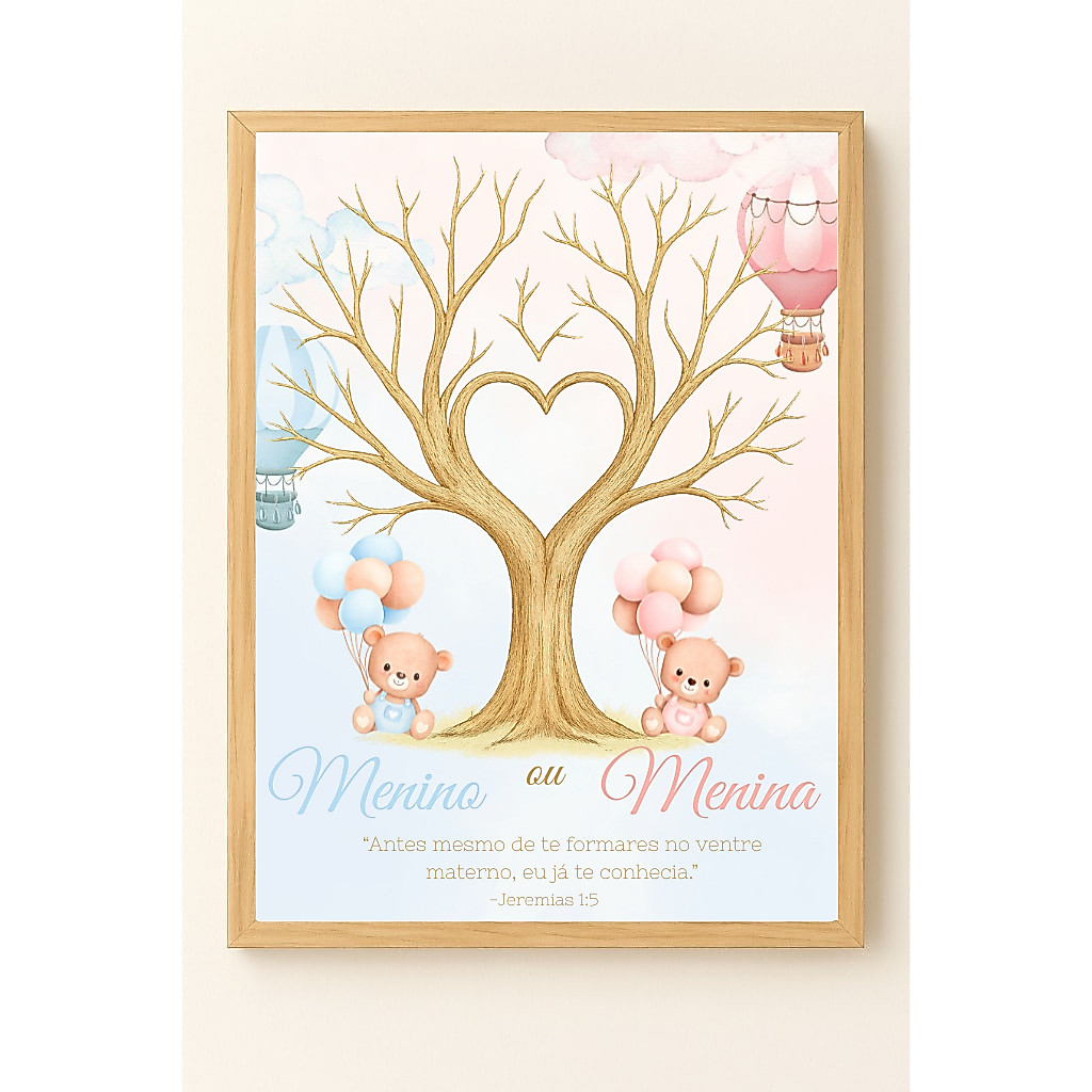 Quadro Decorativo Chá Revelação Menino Menina Balão Árvore Vida Infantil Ursinho Salmos Oração