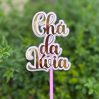 Topo de Bolo Chá de Bebê Nome Personalizado 3D Camadas Dourado/Rosa/Lilás