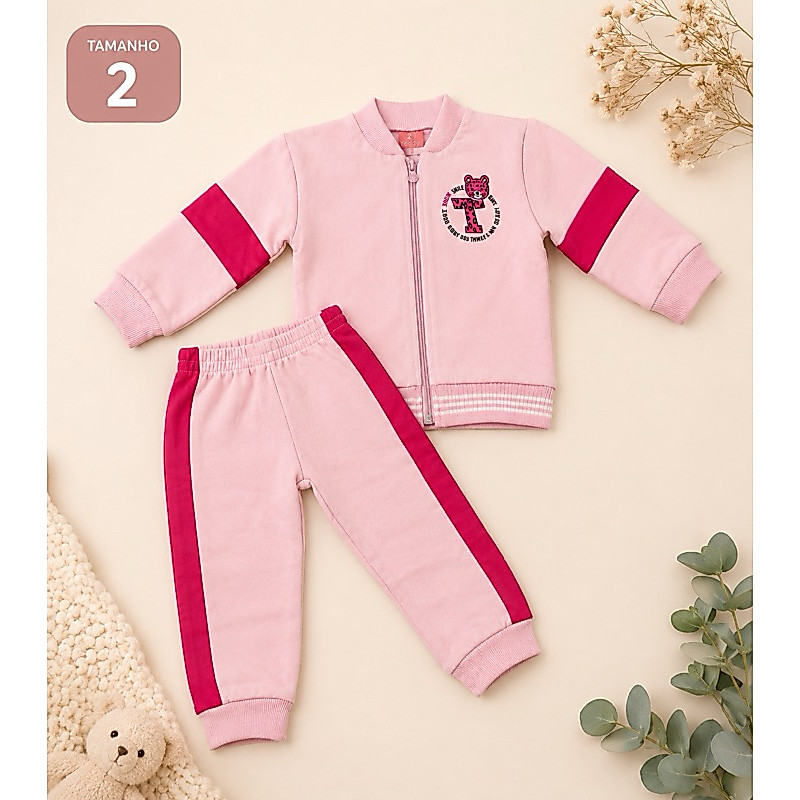 Conjunto de Moletom Infantil Menina Teddy Rosa – Jaqueta com Zíper + Calça de Frio Tam. 2
