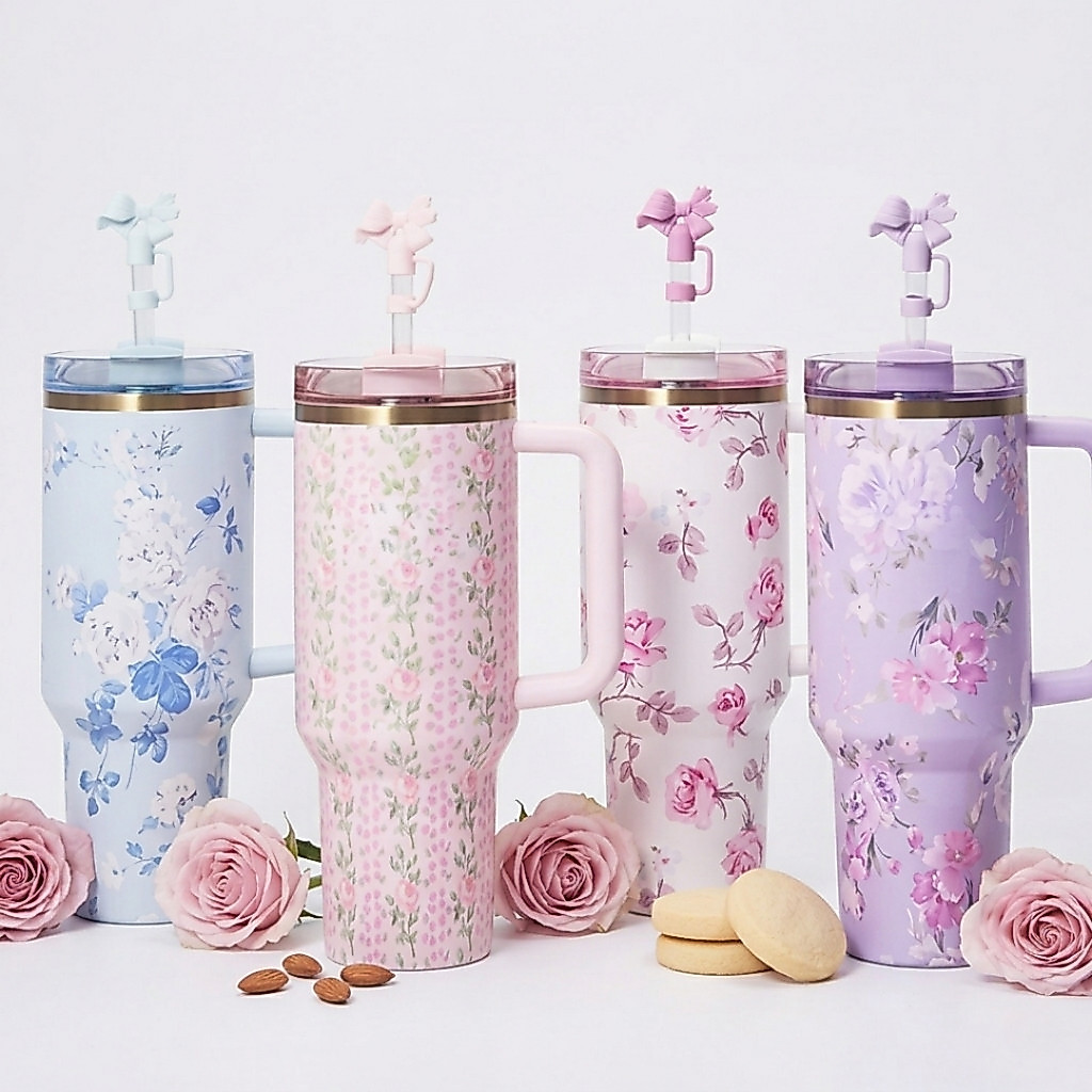 Copo Garrafa Térmica Inox 1200ml Estampa Floral Com Canudo E Alça