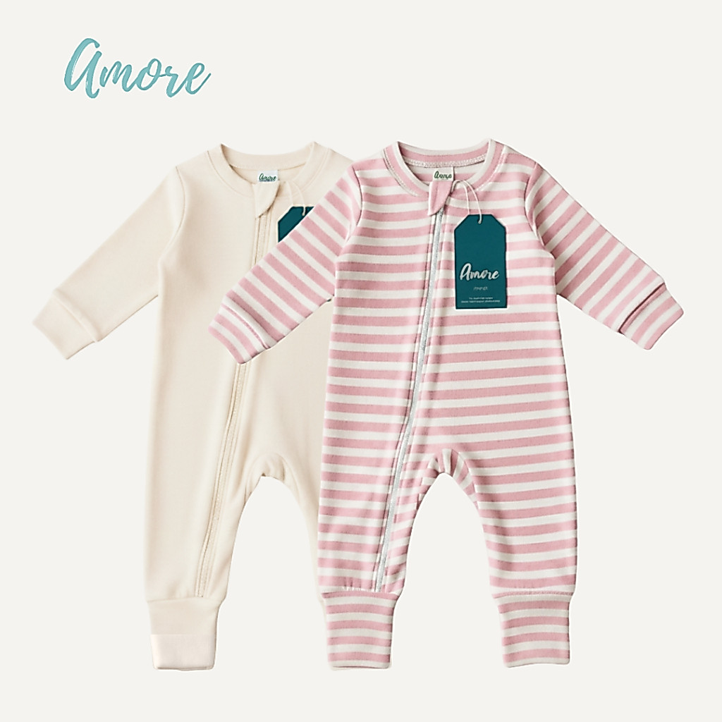 Kit 2 Macacão longo para Bebê Amore Listrado Rosa Claro e Bege 100% Algodão