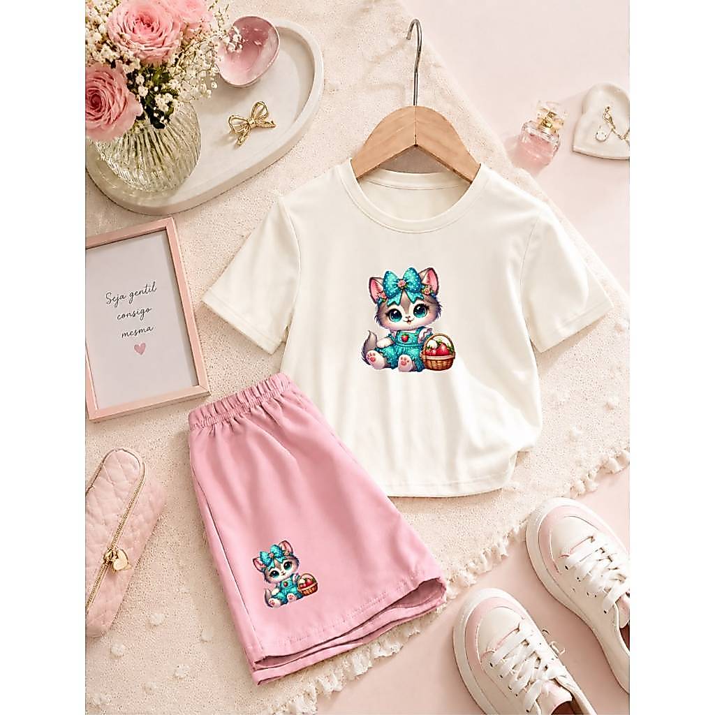 Conjunto Infantil Feminino 2 Peças Camiseta Básica e Short Moletom Roupa Casual para Menina Estampa de Gatinha